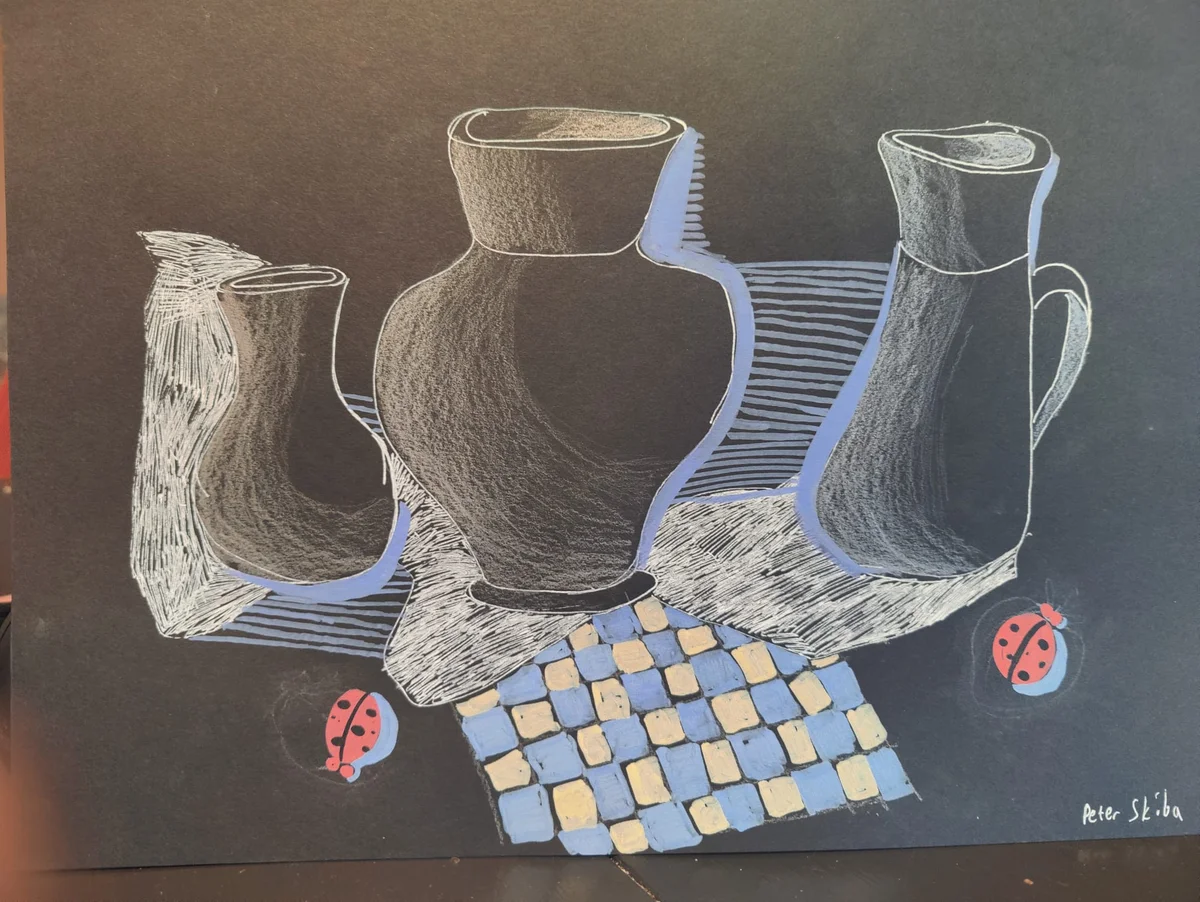 Licht und Schatten (Drei Vasen) - Kreide und Farbstift auf schwarzem Papier
