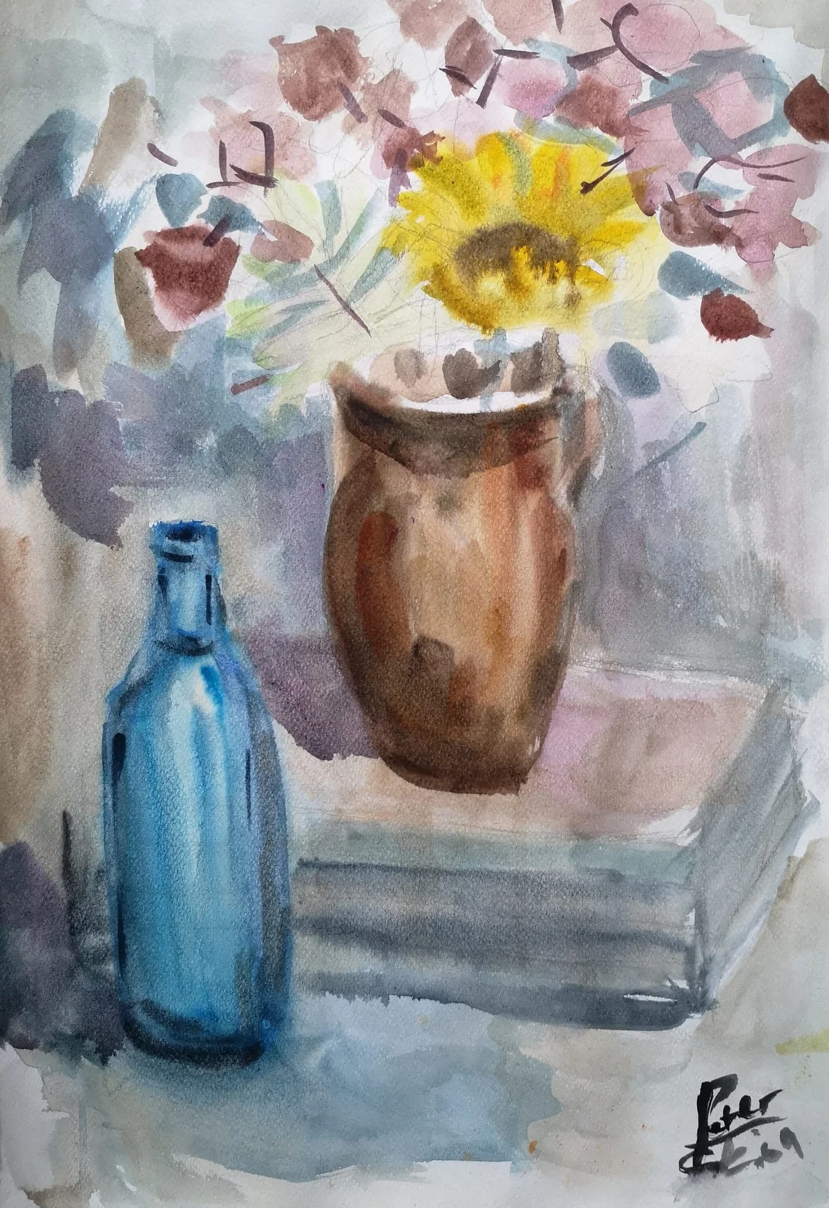 Stillleben in Blau und Gelb - Aquarell auf Papier