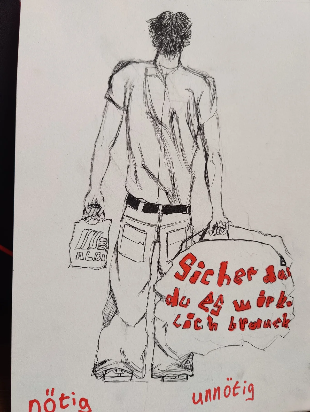 Notwendiger Konsum - Fineliner-Zeichnung auf Papier